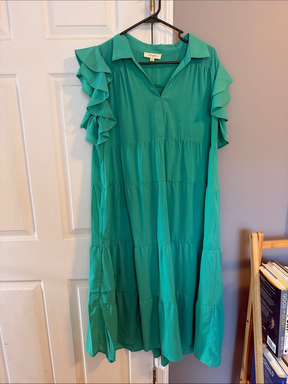 Umgee Teal Ruffle Sleeve Tiered Midi Dress